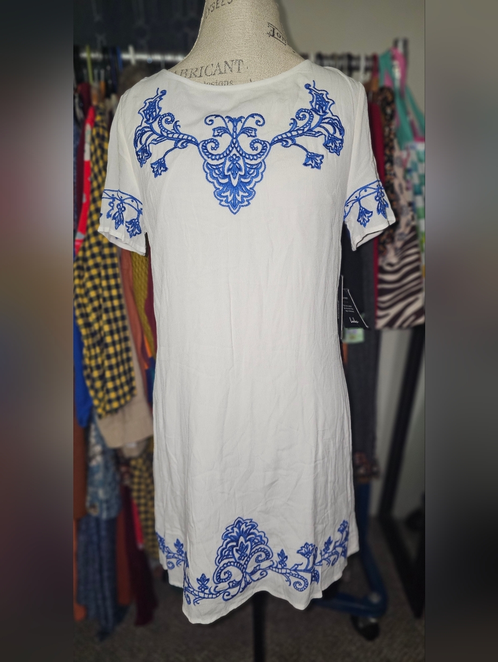 Lulu's White Tunic Dress with Blue Embroidered Accents